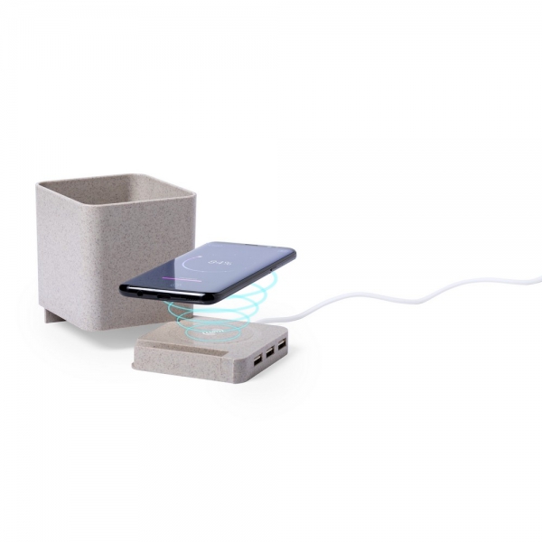 Ładowarka bezprzewodowa 5W ze słomy pszenicznej, hub USB 2.0, pojemnik na przybory do pisania, stojak na telefon img