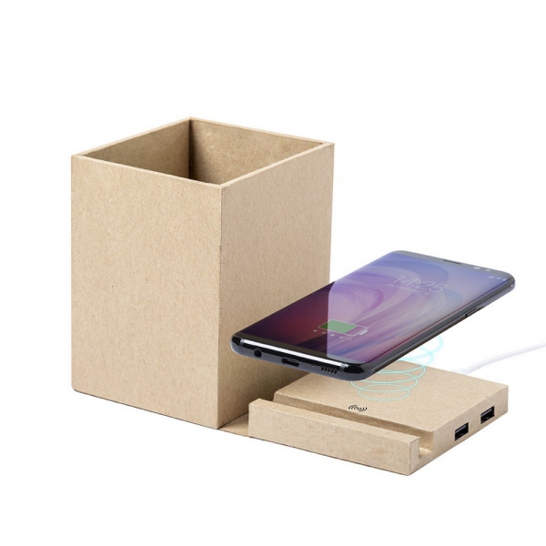 Składana ładowarka bezprzewodowa 5W z kartonu z recyklingu, hub USB 2.0, pojemnik na przybory do pisania, stojak na telefon img