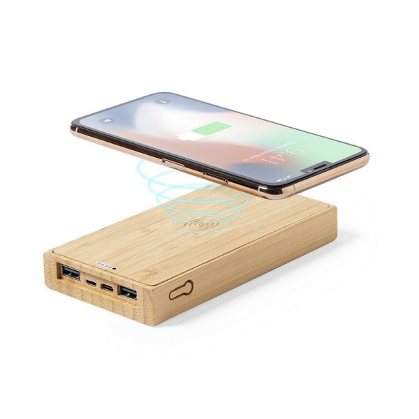 Bambusowy bezprzewodowy power bank 10000 mAh, ładowarka bezprzewodowa 5W, ładowarka słoneczna img