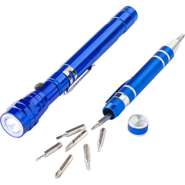 Zestaw narzędzi, śrubokręt, 8 końcówek, teleskopowa latarka 3 LED img